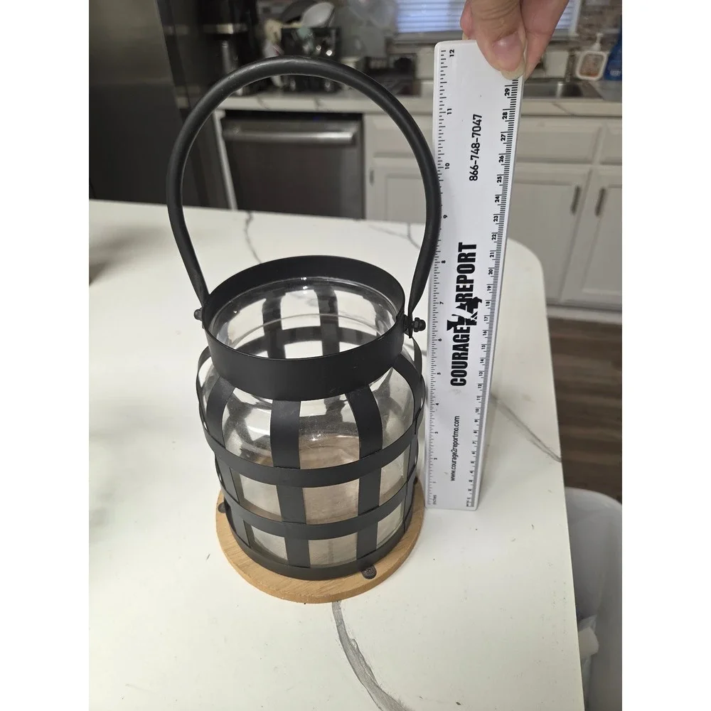 Black Metal Cage Lantern Glass Hurricane Wood Base Industrial Farmhouse Decor